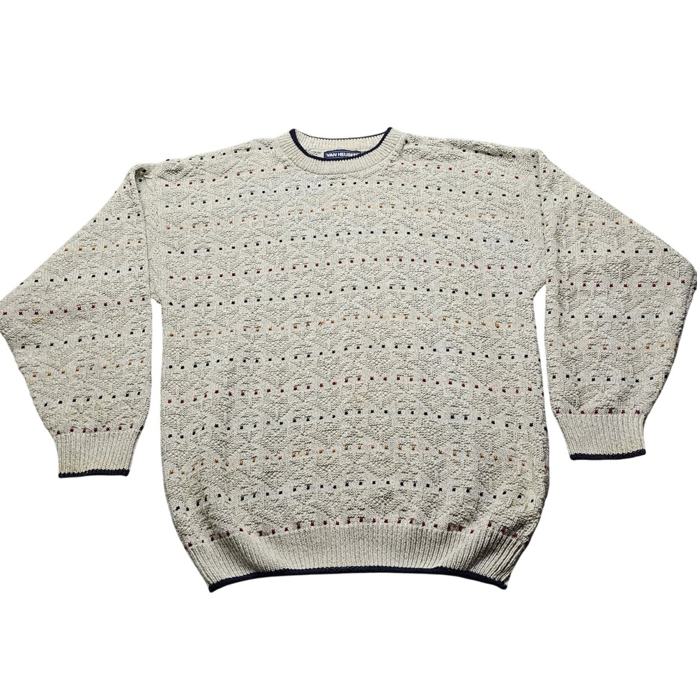 Van Heusen Textured Knit Sweater Mens L Cream Multi Cotton Pullover Vintage